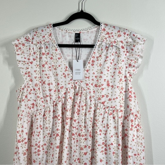 CIDER Baby Doll Top Size XL Pink and White Floral V Neck Short Sleeve - Picture 8 of 11